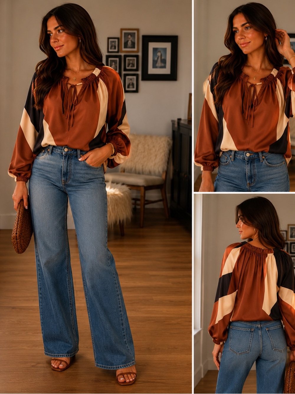 CROSBY by Mollie Burch Brown and Cream Long-Sleeve Tie-Neck Blouse